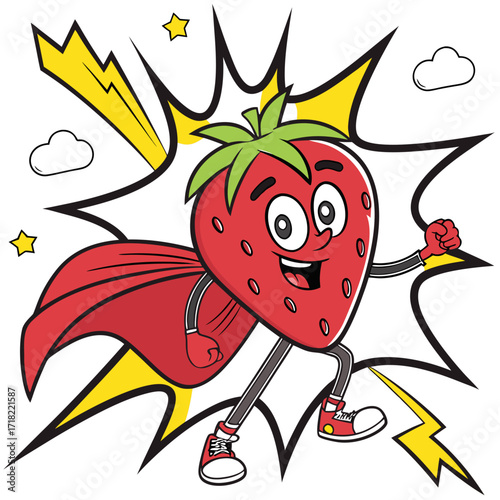 Cheerful strawberry superhero with cape