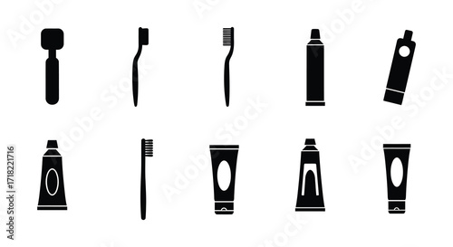 Black silhouettes of various dental hygiene products arranged in a grid