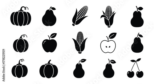 Simple black and white silhouettes of autumnal fruits and vegetables