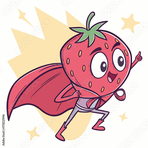 Cartoon strawberry superhero with a cape