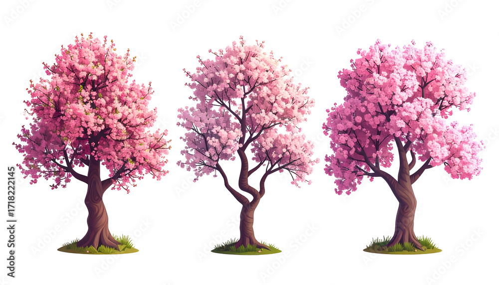 Obraz premium Three stylized cherry blossom trees, differing slightly in bloom intensity