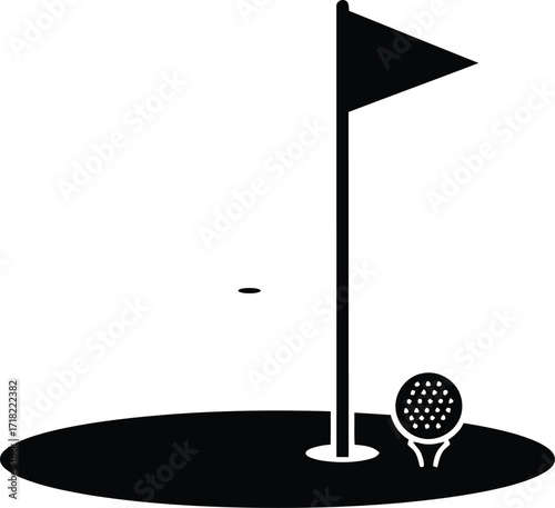 Simple black and white illustration depicting a golf flag and golf ball