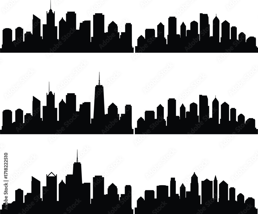 Naklejka premium City skyline silhouette, urban skyscraper outline vector, modern cityscape illustration, metropolitan skyline design, downtown building silhouette, architecture landmark