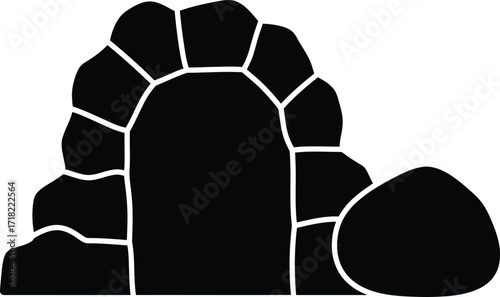 A simple black and white illustration of a stone archway and rocks