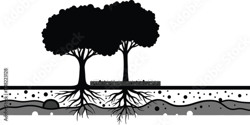 Simple illustration of two trees with visible roots and ground layers