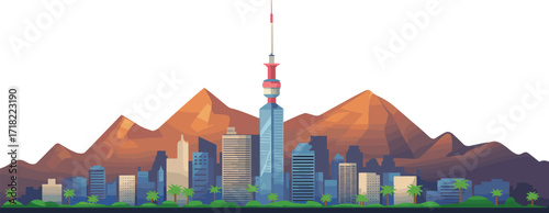 Modern cityscape with central tower, palm trees foreground, mountain backdrop, geometric buildings, urban skyline, vibrant colors, architecture, nature contrast, scenic view