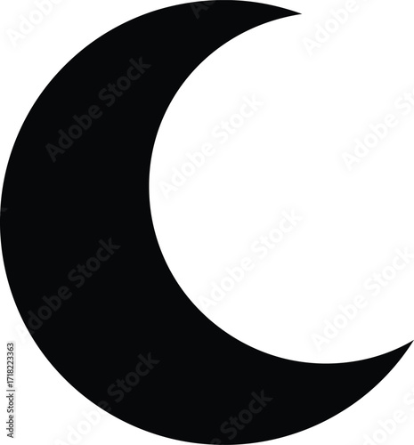 A simple black crescent moon illustration on a plain white background