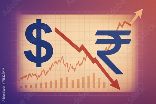 Dollar symbol and rupee symbol on graph with downward and upward trending arrows
