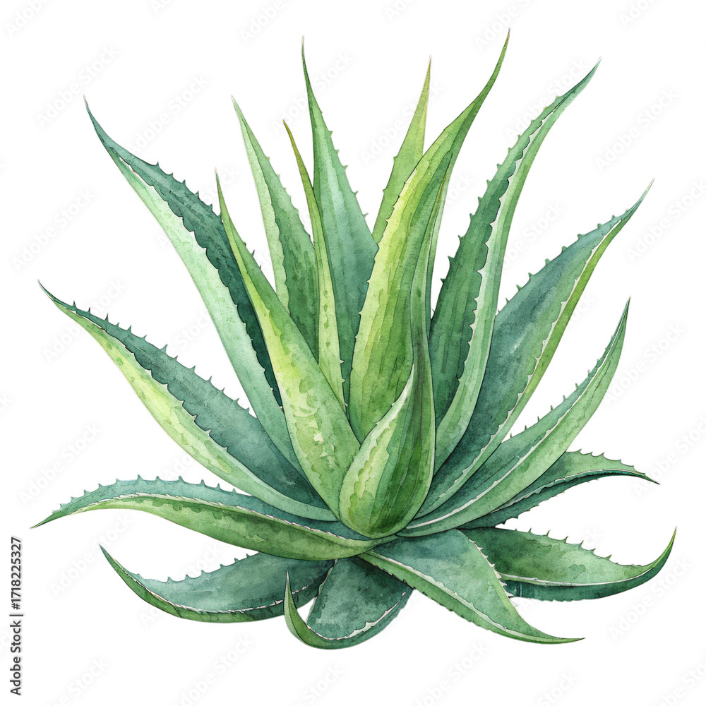Fototapeta premium Lush green aloe vera plant watercolor illustration isolated on a transparent background succulent