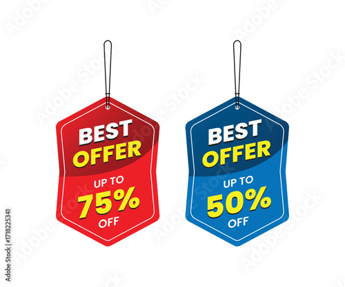 Promotional sale labels best offer sticker bundle, best offer up to 50% off, up to 75% off, Dangler Vector template design, vector illustration. Red and blue Dangler, Dangler for promotion.