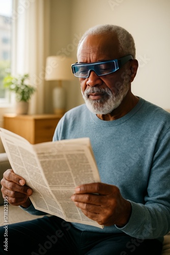 Elderly African American man wearing modern glasses reading a newspaper indoors