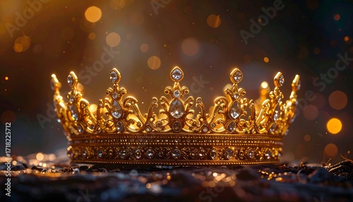 Majestic gold crown adorned with gems, rests on dark surface