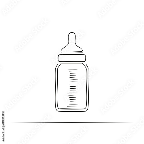 Simple hand-drawn sketch illustration of a baby feeding bottle with a nipple and measurement lines.