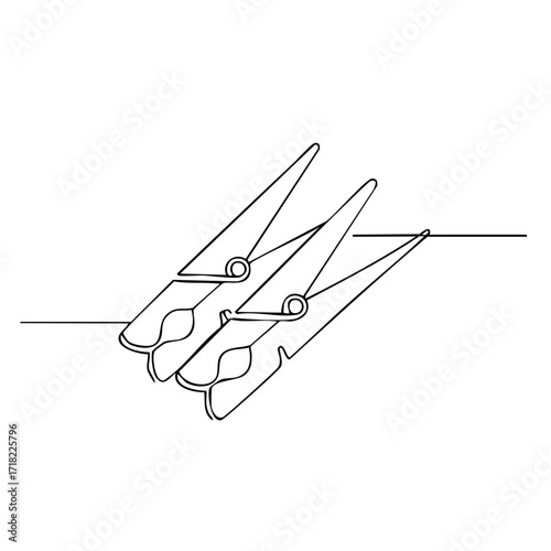 Minimalist continuous line art drawing of two clothespins on a laundry line simple single stroke vector illustration