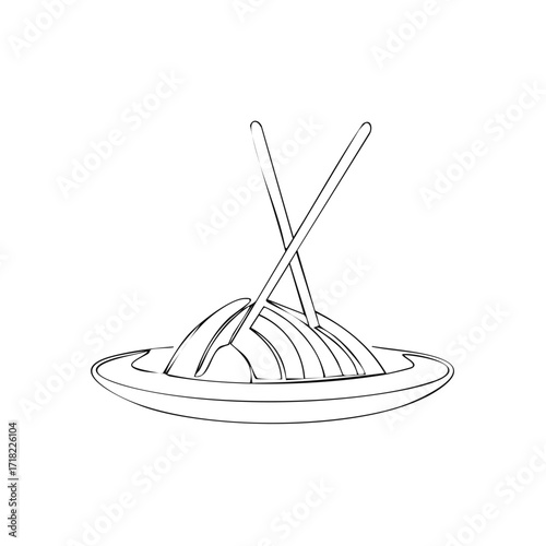 Minimalist Line Art Drawing of Noodles with Crossed Chopsticks on a Plate