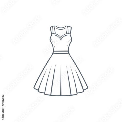 Elegant retro swing dress with a flared skirt and sweetheart neckline line icon