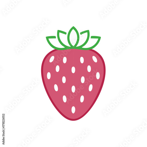 Stylized Strawberry Illustration with Leaves and Seeds on White Background