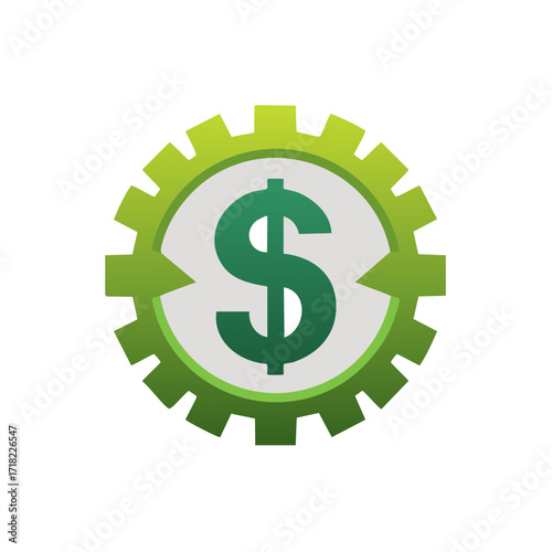Green dollar currency symbol inside a turning gear icon representing financial process and economic system