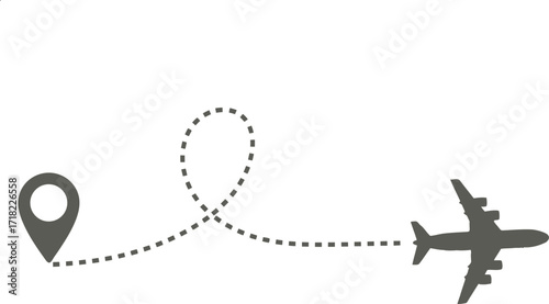 Airplane flying on a dotted line route from a location pin icon on a white background flight travel