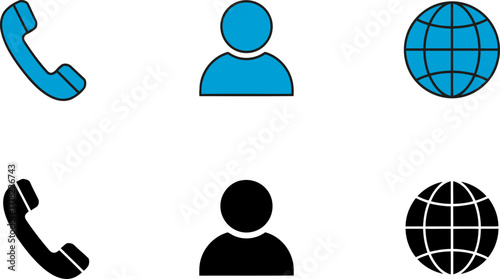 Collection of six colorful and silhouette icons for communication and global reach including phone, person, and globe