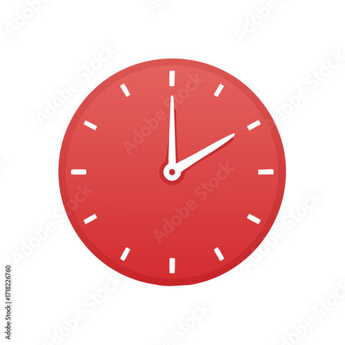 Red clock face with white hands marking the time, hours and minutes passing, round shape