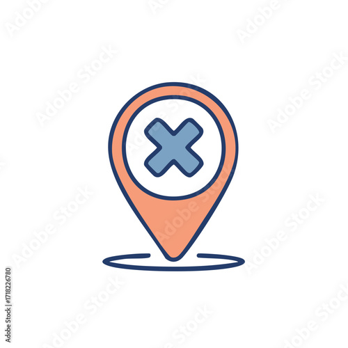 Location Pin Pointer with Cross, Marking Prohibition or Cancellation on a Map