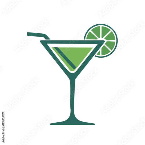 Green Cocktail Martini Glass with Lime Slice and Straw Flat Vector Graphic