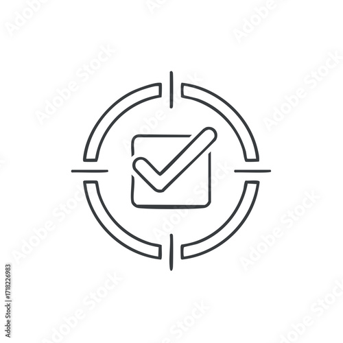 Target with check mark icon for goal achievement and task completion. Hand drawn doodle vector symbol.