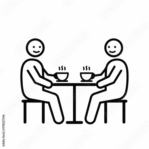 Two people enjoying coffee together at a table, simple line art illustration.