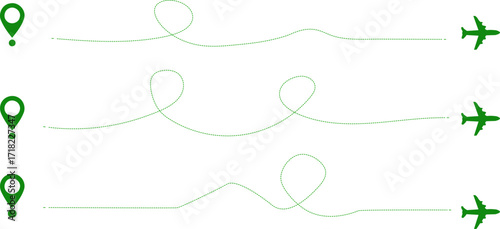 Three Green Airplane Routes with Location Pins and Dotted Lines on White Background aircraft flight