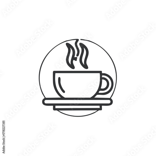 Steaming hot coffee or tea cup icon in a circle, minimalist black and white line art design