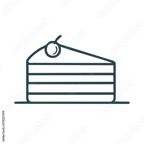 Minimalist line art icon of a layered cake slice with a cherry on top