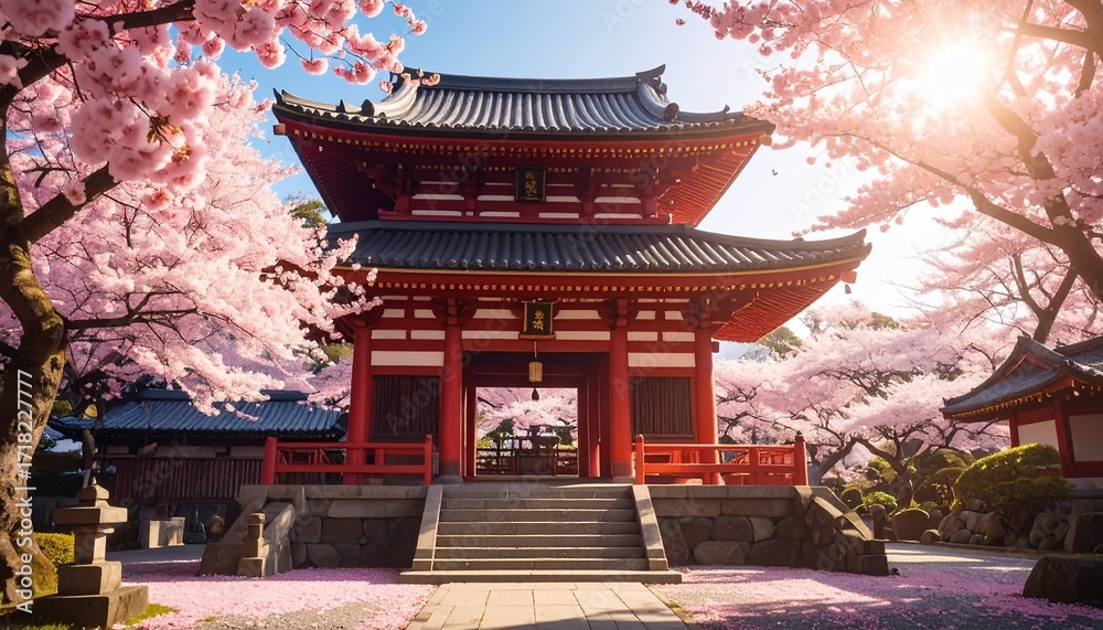 Fototapeta premium Serene Spring in Japan: Cherry Blossoms Frame Ancient Temple