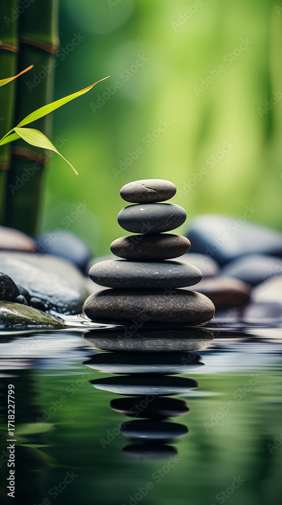 Naklejka premium Zen-inspired balanced stones and calm water ripples, peaceful background / wallpaper 