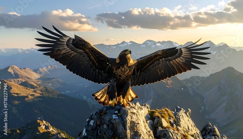 Majestic golden eagle soars over mountain range