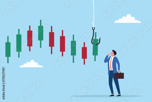 Vector illustration of a businessman observing a candlestick chart with a fishing hook trap, symbolizing investment risks, trading scams, and financial market deception
