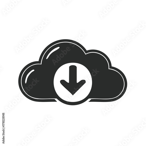 Download cloud icon in black and white, symbolizes data transfer and online storage, promoting accessibility