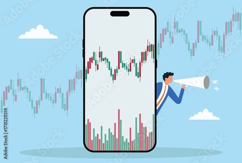 Vector illustration of a trader announcing stock market updates through a smartphone with candlestick charts, symbolizing online trading and financial communication
