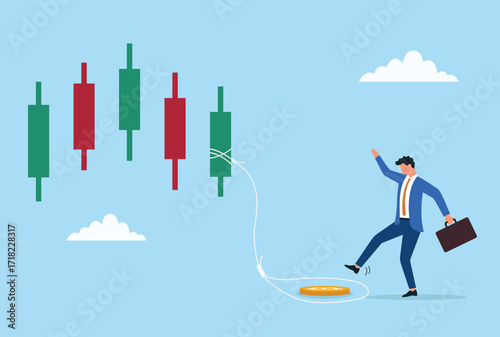 Vector illustration of a businessman trapped by a crypto coin tied to a candlestick chart, representing cryptocurrency risks, market traps, and financial danger
