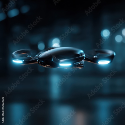 Sleek futuristic drone with glowing blue lights flying through a dark city at night.