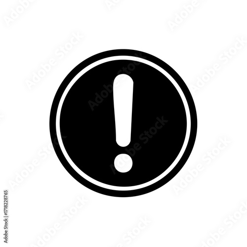 Simple exclamation mark icon in a black circle symbol for warning alert and error notification