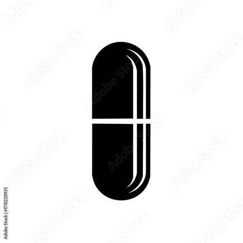 Black capsule pill icon. Simple minimalist medical drug symbol for health and pharmacy business.