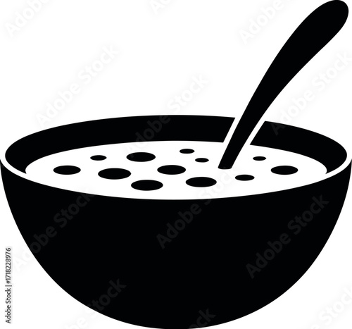 Black bowl with porridge and spoon silhouette