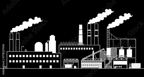 smoke factory illustration, industry building icon, industrial complex vector, power station vector, cartoon industrial building, modern factory drawing, chemical plant vector, steel factory illustrat