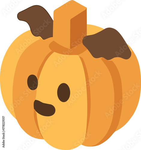 cartoon-style pumpkin with a happy face, two round eyes, a smiling mouth, and small bat wings attached, giving it a playful Halloween vibe.