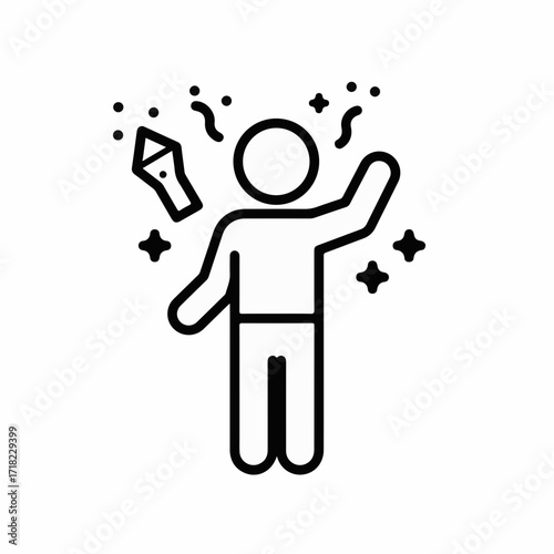 Joyful person celebrating with confetti and sparkles, conveying excitement and success.