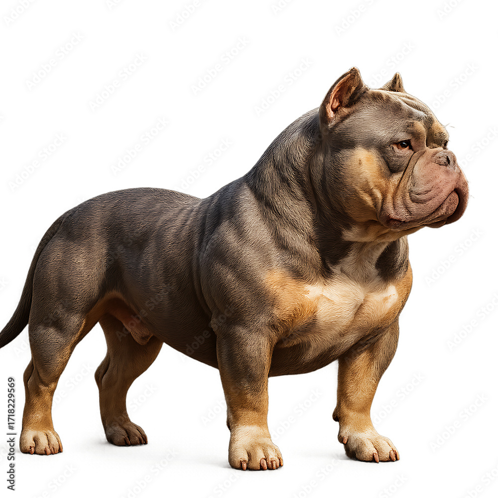Obraz premium Powerful Canine Pose: A striking image captures the muscular form and dignified poise of an American Bully dog against a clean backdrop. Showcasing breed characteristics.