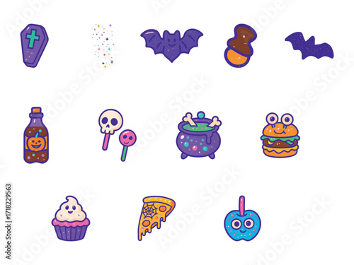 colorful set of cute Halloween-themed cartoon icons including bats, candy, cupcakes, pizza, burgers, cauldrons, skull lollipops, potions, and coffins in a playful style.