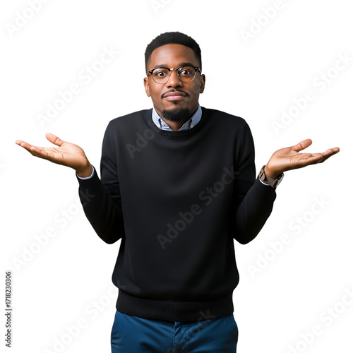 Confused man shrugs shoulders with open palms asking what's up gesture isolated on transparent background