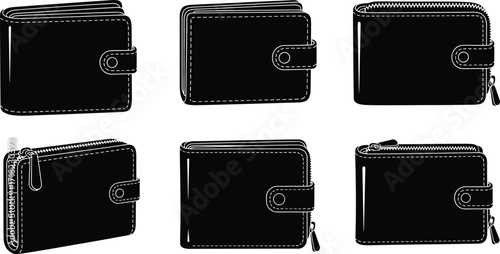 Bifold and zip around wallets, button closure leather wallet silhouettes, vector illustration
